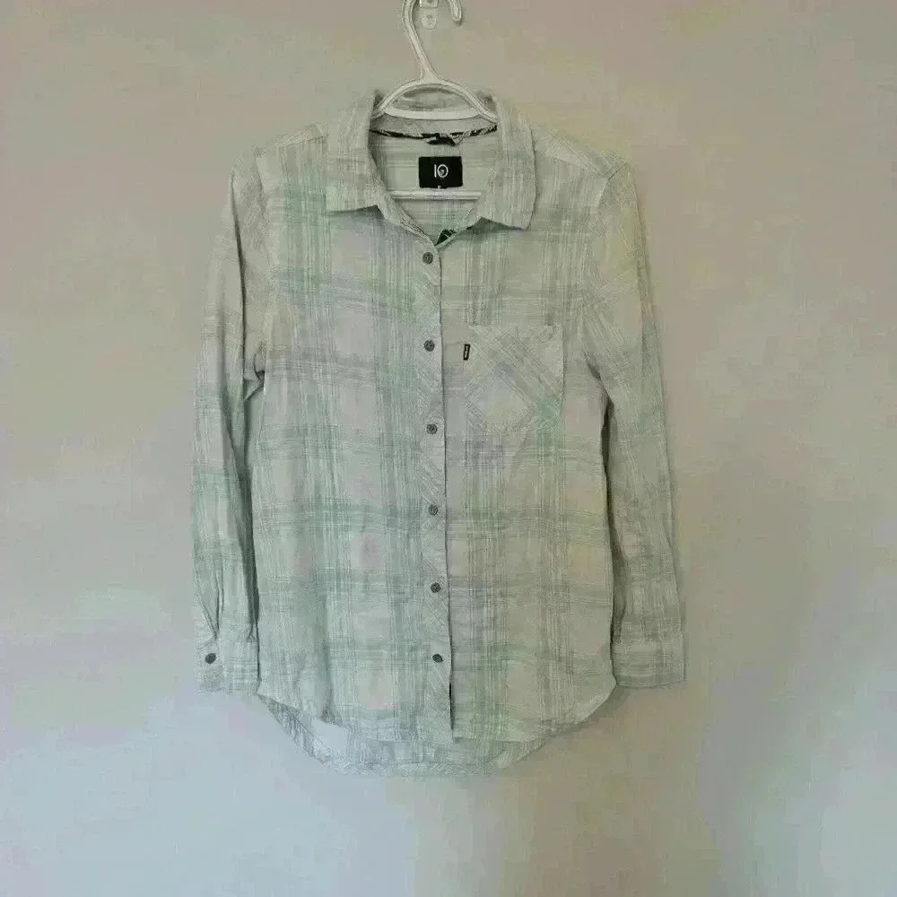 Tentree,  Plaid, Button down, shirt, Mint green and white, size small